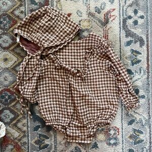 Rylee + Cru Tan Gingham Kids Bodysuit with Hood